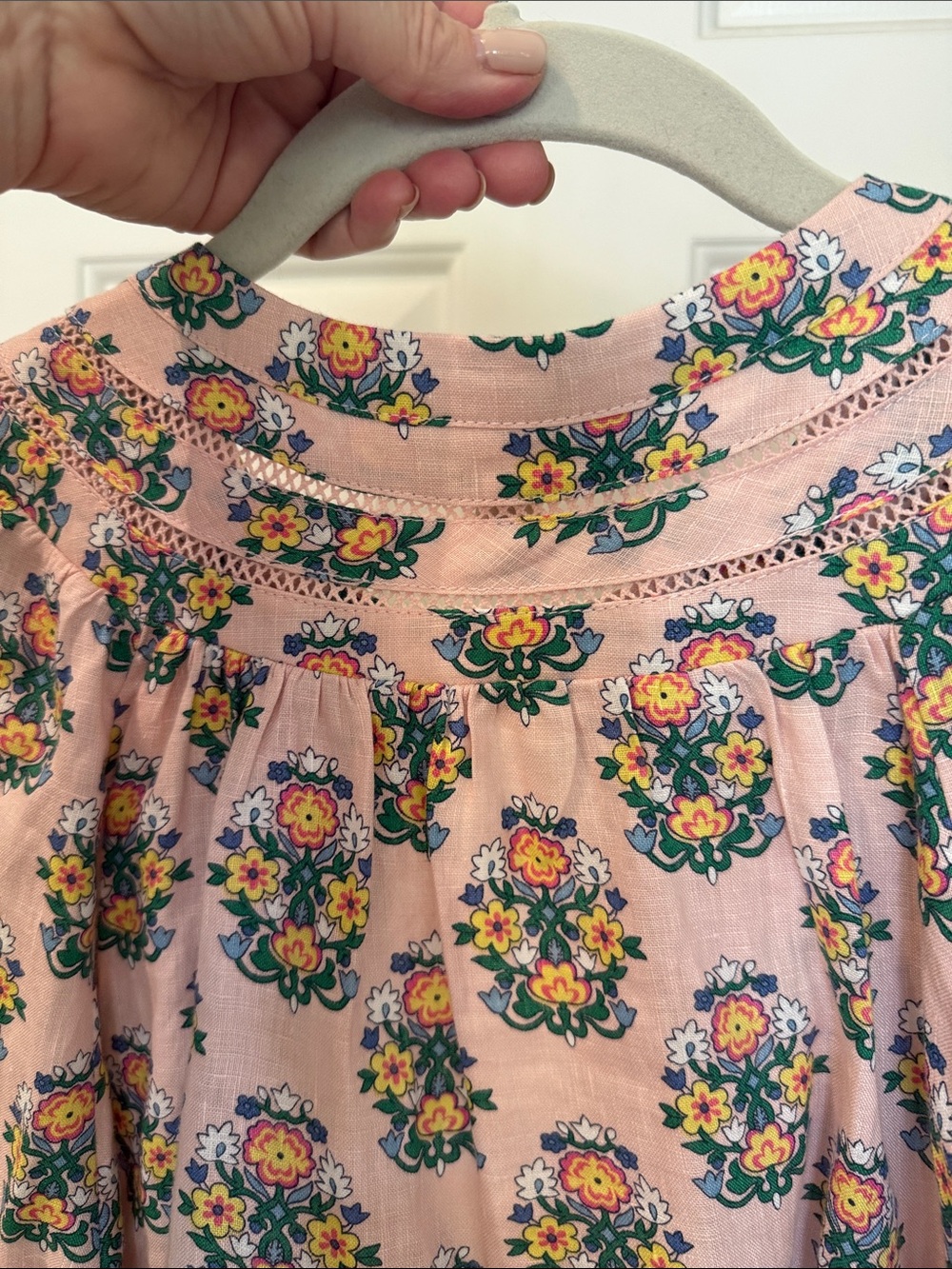 Boden Pink Floral 100% Linen Button-Front Peasant Blouse - Picture 8 of 10